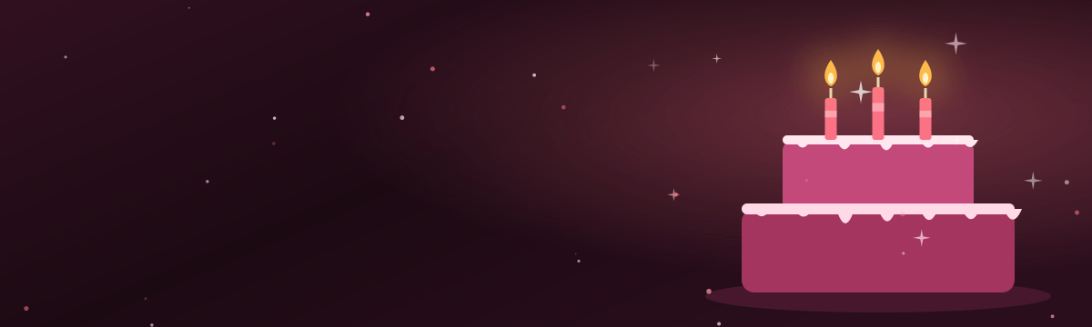 A birthday banner's art: a pink cake with three lit candles on a dark plum background