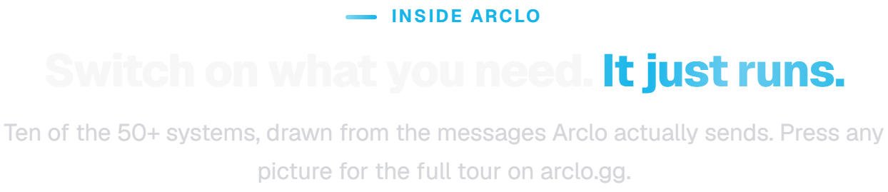 Inside Arclo. Switch on what you need. It just runs. Ten of the 50+ systems, drawn from the messages Arclo actually sends. Press any picture for the full tour on arclo.gg.