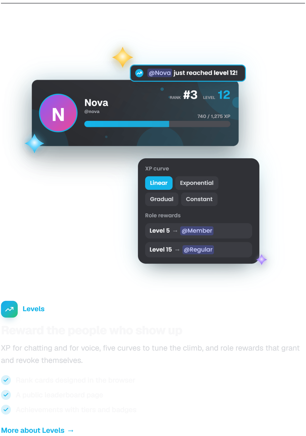 Levels. Reward the people who show up. XP for chatting and for voice, five curves to tune the climb, and role rewards that grant and revoke themselves. Rank cards designed in the browser. A public leaderboard page. Achievements with tiers and badges.