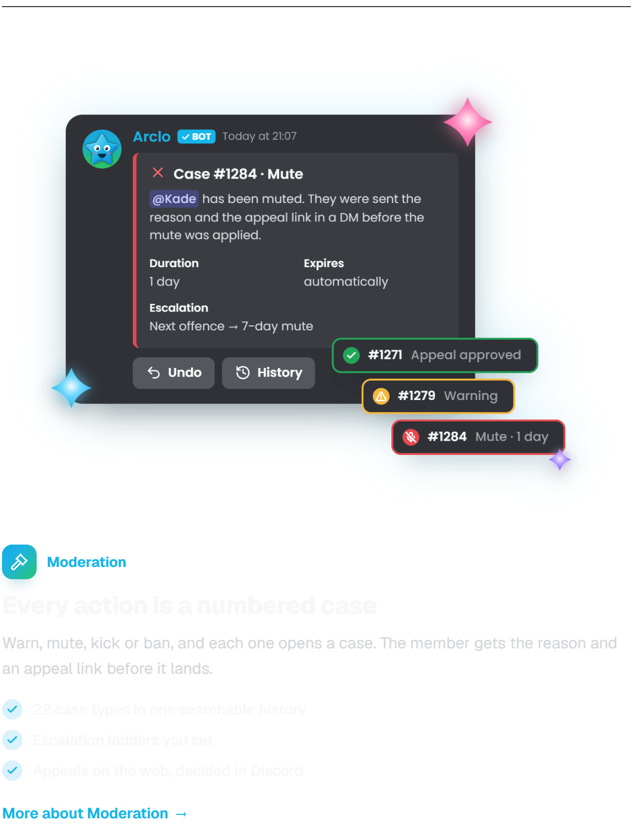 Moderation. Every action is a numbered case. Warn, mute, kick or ban, and each one opens a case. The member gets the reason and an appeal link before it lands. 22 case types in one searchable history. Escalation ladders you set. Appeals on the web, decided in Discord.